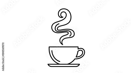 Simple black line art icon depicting a steaming hot beverage in a cup and saucer against dark background