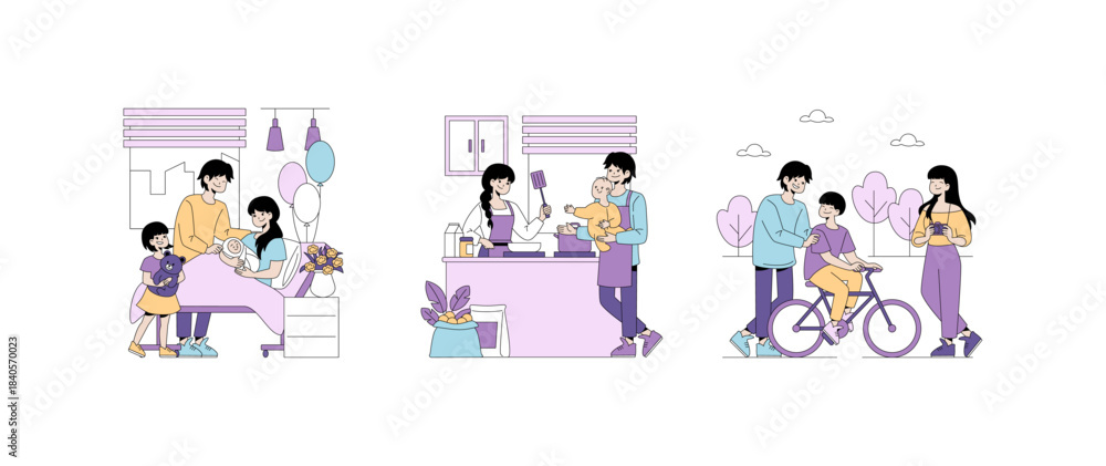 Fototapeta premium Happy Family Moments Vector Illustration Set