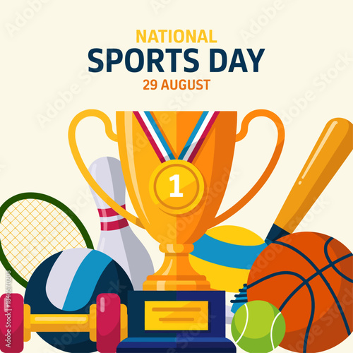 Vibrant National Sports Day illustration featuring a golden trophy surrounded by diverse sports equipment celebrating athletic excellence and competition.