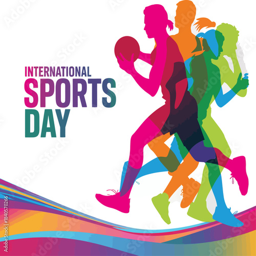 Colorful athlete silhouettes in dynamic motion celebrating International Sports Day with vibrant waves symbolizing energy, diversity, and global sports unity.