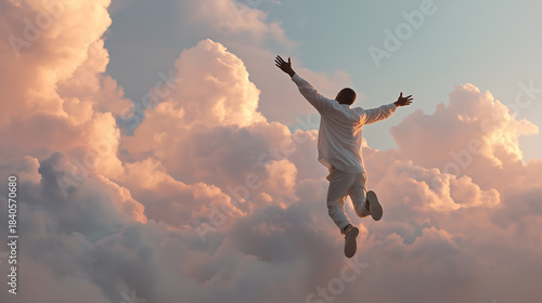 Cloud Dancer Energetic Silhouette of Man Leaping with Outstretched Arms Against a Majestic Sky with Golden, Fluffy Clouds, Symbolizing Joy, Freedom, and Triumph Colour of the Year 2026