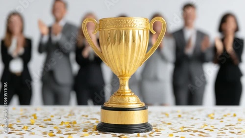 Golden trophy on a table with blurred celebratory crowd in the background showcasing achievement and success in a professional setting 4k video footage