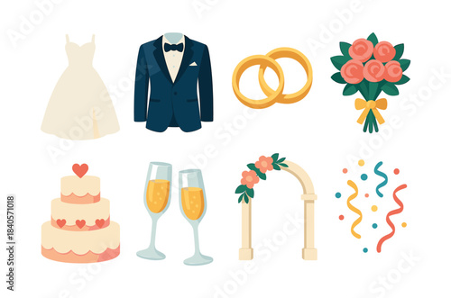 Wedding essentials vector illustration, flat vector style, bridal elements, celebration