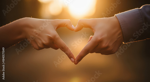 Couple hands forming heart shape against warm sunset background, symbolizing love and connection. soft glow enhances romantic atmosphere
