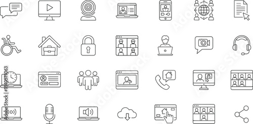 Vector illustration collection of remote work icons featuring online communication, video meetings, digital collaboration, secure access, accessibility, 