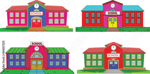 Colorful cartoon illustration of a traditional school building with red roof, clock, and green lawn for education and learning concept