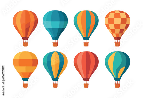 Hot air balloons set, colorful designs, flat vector illustration for travel and adventure