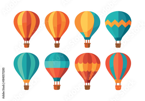 Hot air balloons, flat vector illustration, colorful airships, design elements