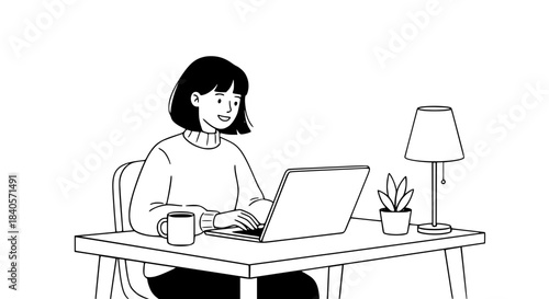 A young woman with short dark hair sits at a desk, typing on a laptop with a smile.