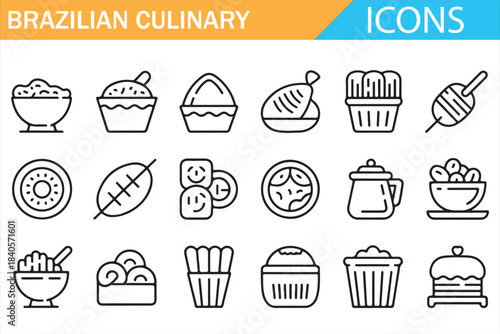 Authentic Brazilian culinary outline icons for digital food applications