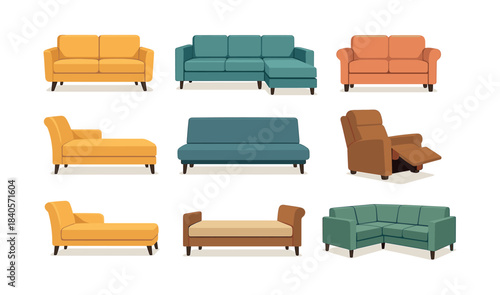 Living room furniture set, sofas, couches, flat vector illustration