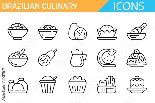 Brazilian street food and dessert outline symbol vector collection