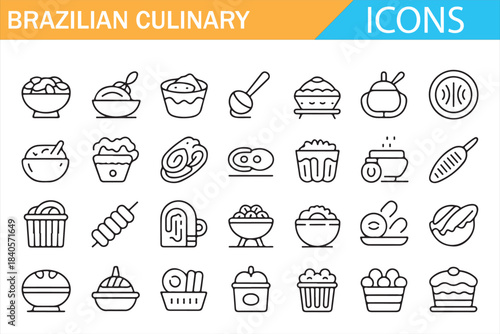 Traditional Brazilian cuisine outline icon set isolated on white background