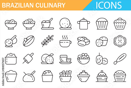 Brazilian culinary vector icons collection for restaurant menu and food branding
