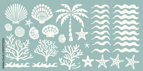 Vector summer beach elements pattern with seashells palm trees starfish and waves