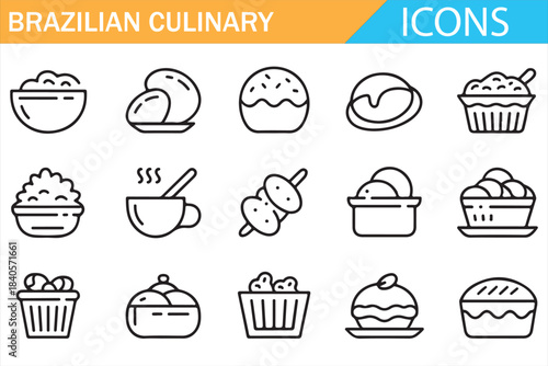 Brazilian food icon set with traditional cuisine dishes and drinks in outline style