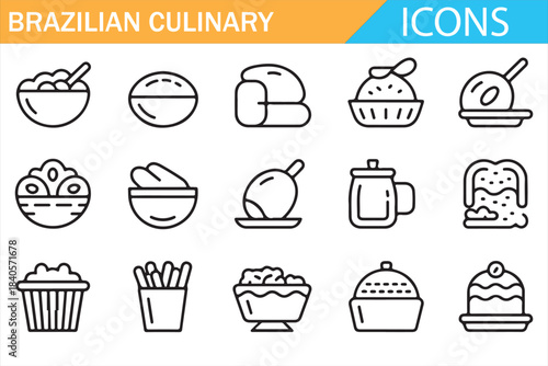 Brazilian culinary icon set with traditional food dishes desserts and drinks in outline vector style isolated on white background for restaurant menu, food app and branding design