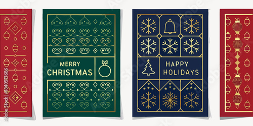 Elegant holiday greeting cards with gold geometric designs and festive messages