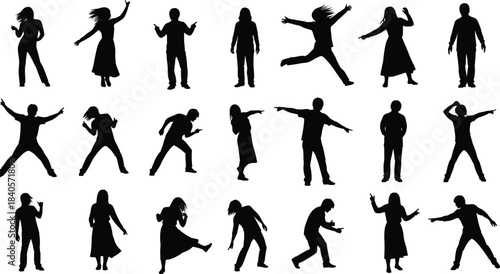 Collection of diverse human silhouettes in various poses, dancing, pointing, standing, expressive body movements, isolated black figures on white background, gesture illustration set