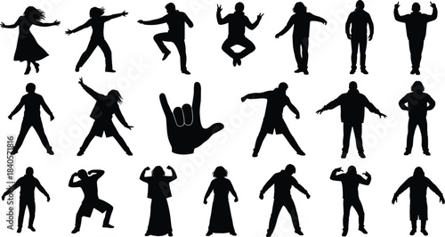 Collection of diverse human silhouettes in dynamic poses, dancing, standing, flexing, meditating, expressive gestures including hand sign, isolated black figures for design illustration
