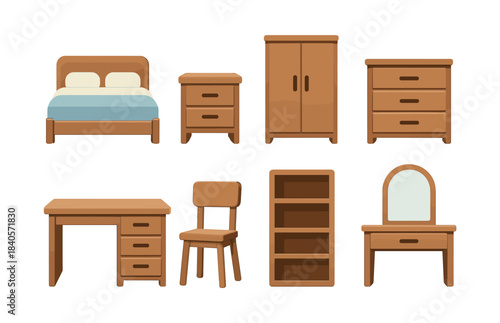 Bedroom furniture set, bed, wardrobe, flat vector illustration in minimalist style