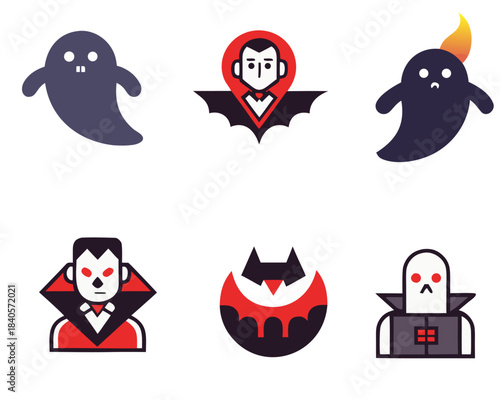Flat Halloween Icon Set. Vampire, Ghost, and Bat Characters Collection