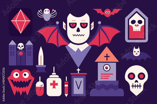Set of fifteen Halloween vampire and monster cartoon icons