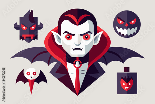 Set of five geometric monster and vampire cartoon icons