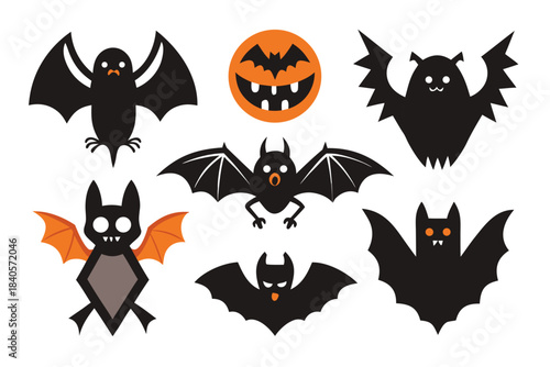 Set of seven different cartoon bat and Halloween icons