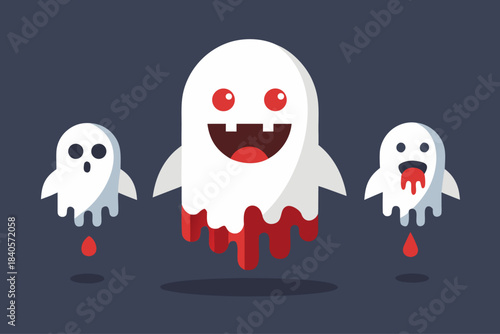 Set of three spooky cartoon ghosts with dripping blood