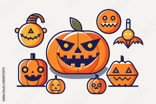 Flat Halloween Icons Set. Pumpkins, Vampires, Ghosts, and Spooky Symbols.