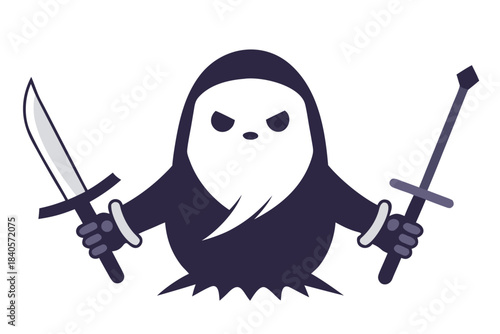 Fierce hooded ghost mascot holding two different swords