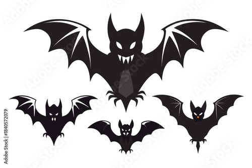 Set of five spooky black bat silhouettes flying