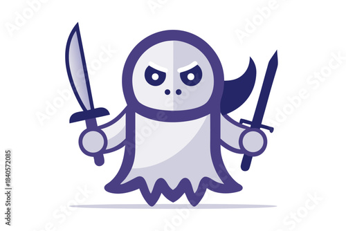 Fierce ghost mascot holding sword and dagger