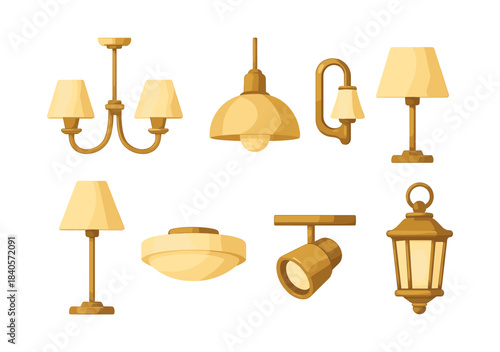 Lighting fixtures set, lamps, chandeliers, flat vector illustration