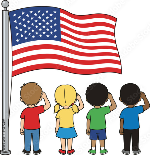 Cartoon children standing together saluting the American flag in patriotic ceremony illustration representing respect, national pride, unity, citizenship, education and tradition
