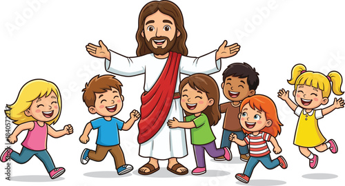 Cartoon Jesus surrounded by joyful children in heartwarming faith illustration symbolizing love, guidance, happiness, unity, compassion, friendship and spiritual teaching for kids