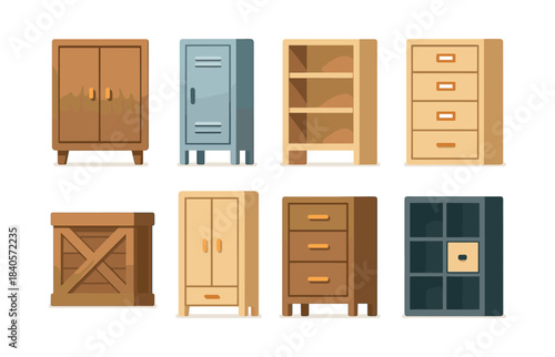 Cabinet and cupboard collection, wooden storage, flat vector illustration