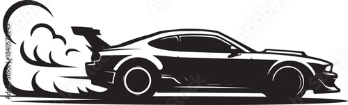  Black silhouette of a sports car performing a burnout with smoke black and white.