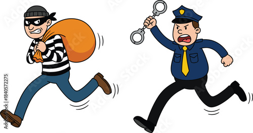 Cartoon police officer chasing running thief carrying stolen bag in action crime illustration symbolizing law enforcement pursuit, robbery, danger, justice and security awareness