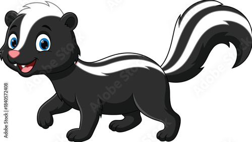 Cute cartoon skunk character illustration with happy expression, black and white striped tail, playful style, adorable vector art for children’s educational content