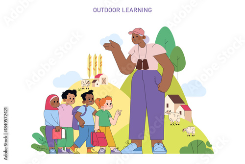 Outdoor Learning with Teacher and Students Illustration