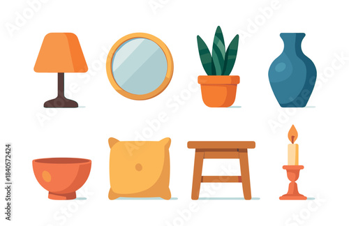 Home decor elements, lamp, vase, mirror, flat vector illustration in warm tones