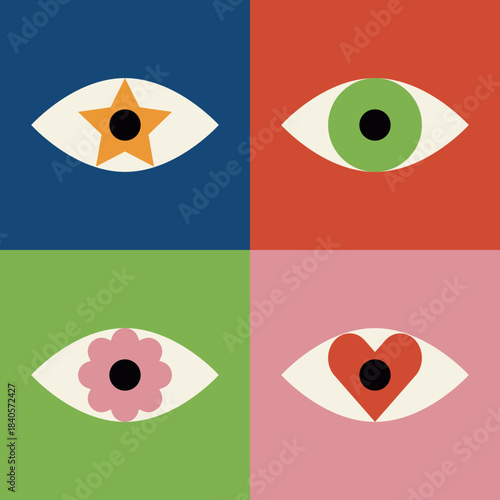 Eyeball. Eye flat vector illustration. Eye Symbols. Cartoon eyeballs with Symbols. Star Symbol. Heart Symbol. Flower Symbol.	
