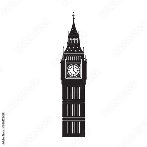 Big Ben London clock tower icon, black silhouette