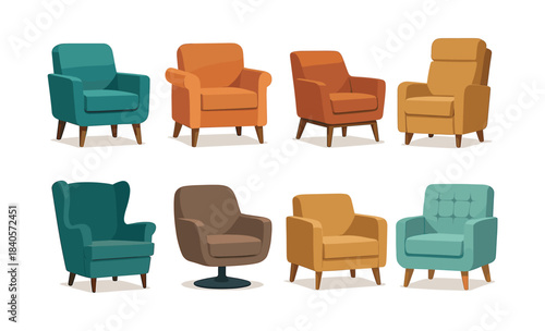 Chairs set, armchairs, seating, furniture collection, flat vector illustration