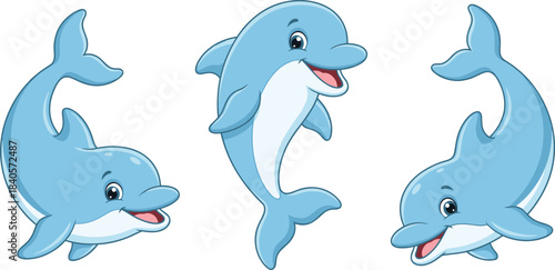 Cute playful cartoon dolphins swimming and jumping with happy expressions, delightful marine animal illustration perfect for children’s designs, ocean themes, education, and creative artwork