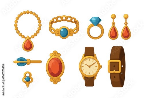 Jewelry collection, rings, earrings, necklace, flat vector illustration