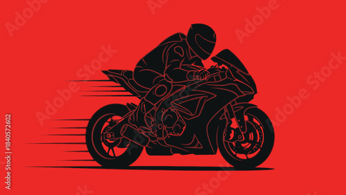 Silhouette of a motorcycle rider in full racing gear speeding on a track, depicted with motion blur against a vibrant red background.