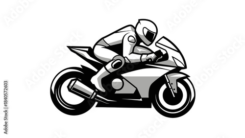 A grayscale vector illustration of a motorcycle racer in full gear riding a sport bike at high speed.